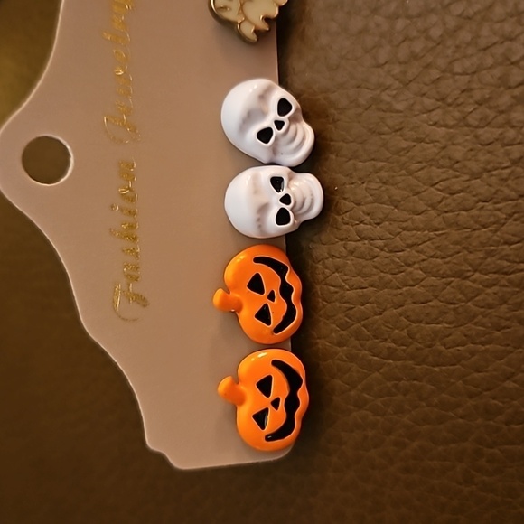 3/$30 Three Pairs Halloween Post Earrings Jack O' Latern Skull Ghost Earrings - Picture 2 of 3
